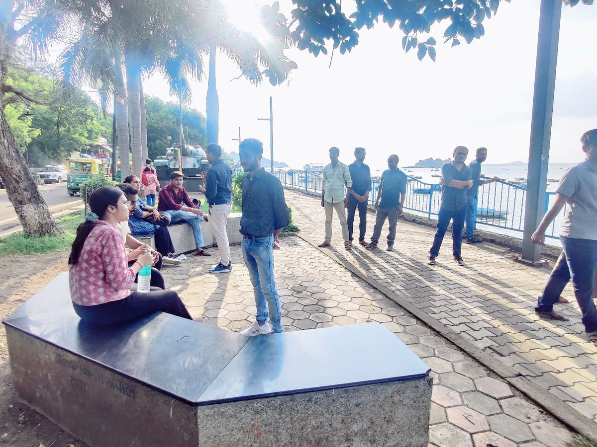 Group field practice by the lakeside